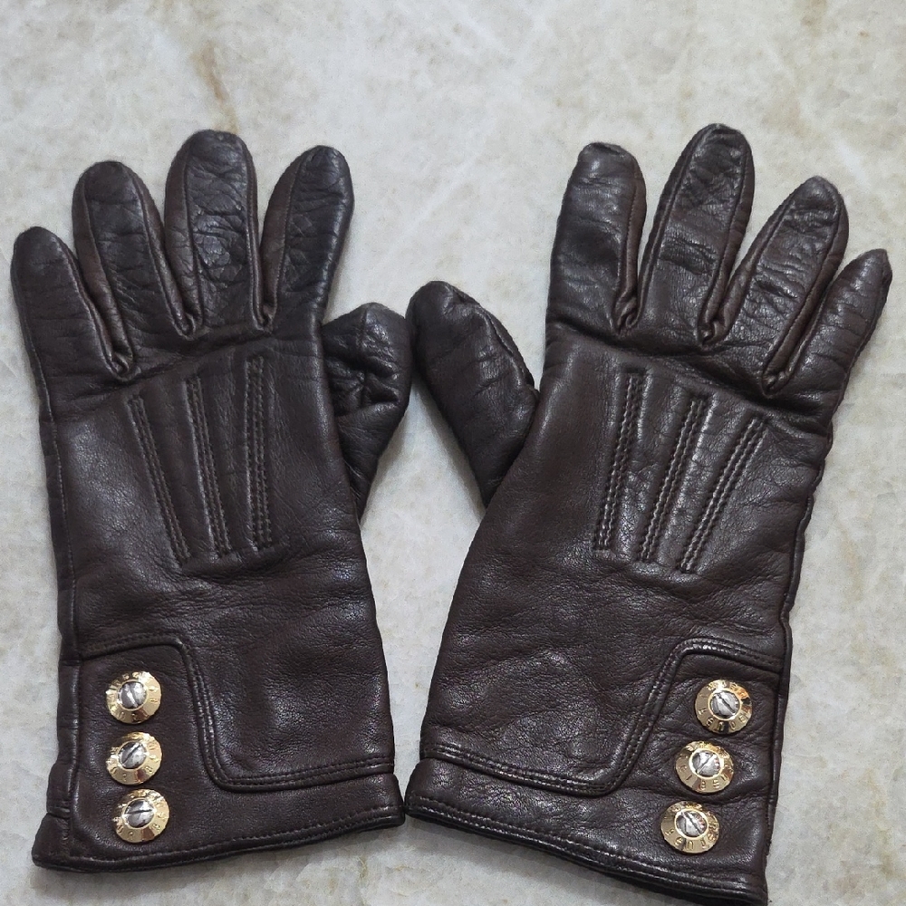 Henri Bendel Dark Brown Leather Gloves w/ Gold Buttons 100 PercentCashmere Lined